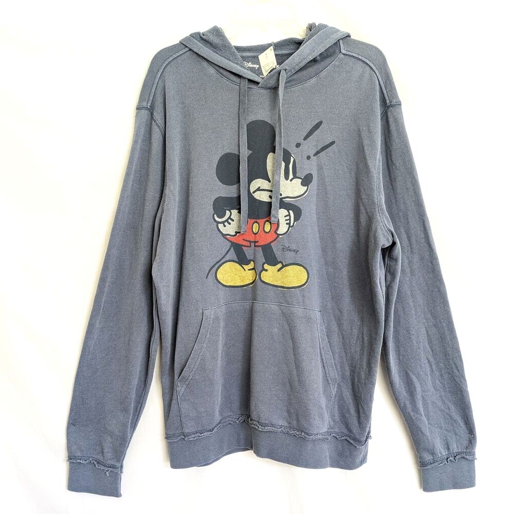 Disney Junk Food Blue Hoodie Size Large Distressed Cranky Mickey Mouse NWT